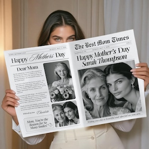 Plantilla de periódico para el Día de la Madre, Regalo personalizado para el Día de la Madre, Envoltura de ramo para el Día de la Madre, Regalo para el Día de la Madre de una hija, Envoltura de periódico, 04