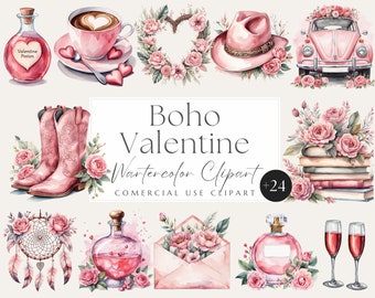 Boho Valentine clipart, Valentines Day Clipart, Pink Watercolor Valentine, Valentine Love PNG, Commercial Use, valentine&#39;s hearts scrapbook
