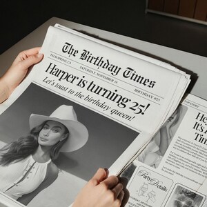 May include: A newspaper titled "The Birthday Times" with the headline "Harper is turning 25!" and a photo of a woman wearing a cowboy hat. The newspaper is held by a person.