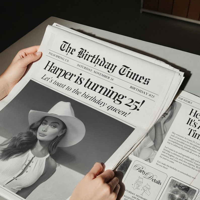 May include: A newspaper titled "The Birthday Times" with the headline "Harper is turning 25!" and a photo of a woman wearing a cowboy hat. The newspaper is held by a person.