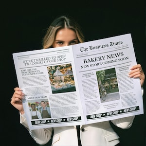 Può includere: Un giornale simulato che annuncia l'apertura di una nuova panetteria. Il titolo principale è "Notizie dalla panetteria: Nuovo negozio in arrivo". Il giornale presenta una foto della facciata della panetteria e menziona prodotti sostenibili e di provenienza locale.