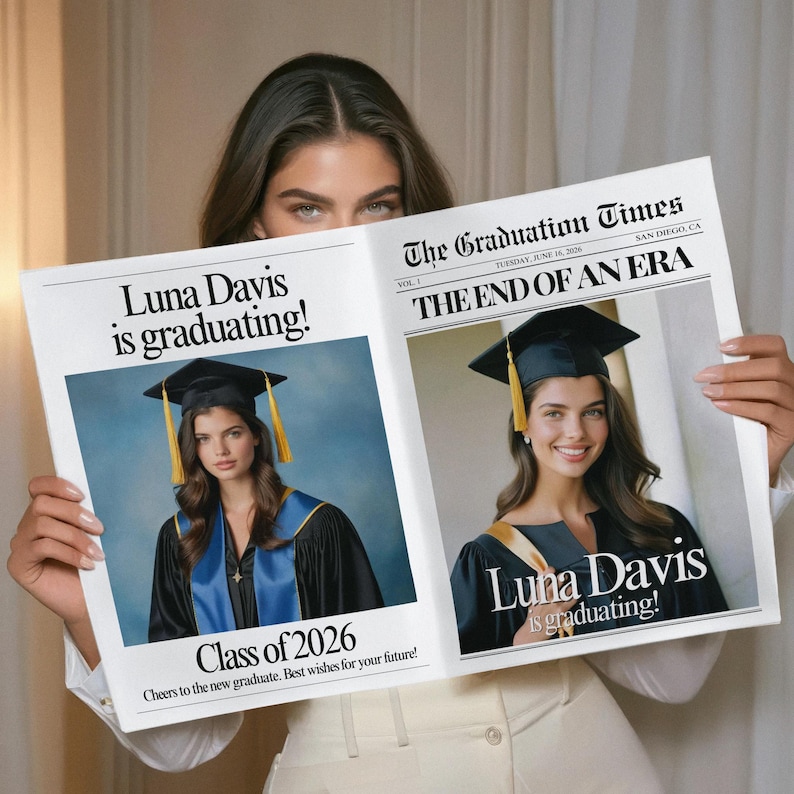May include: A newspaper-style announcement with the headline "The End of an Era" and the text "Luna Davis is graduating!" features a graduation portrait. The announcement includes the text "Class of 2026" and well wishes.