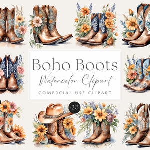 Boho Boots clipart watercolor, Cowboy Boots with Flowers Clipart, Boho Cowgirl Boots, Cowgirl Boot print, Cowgirl Boots Clipart, Boots png