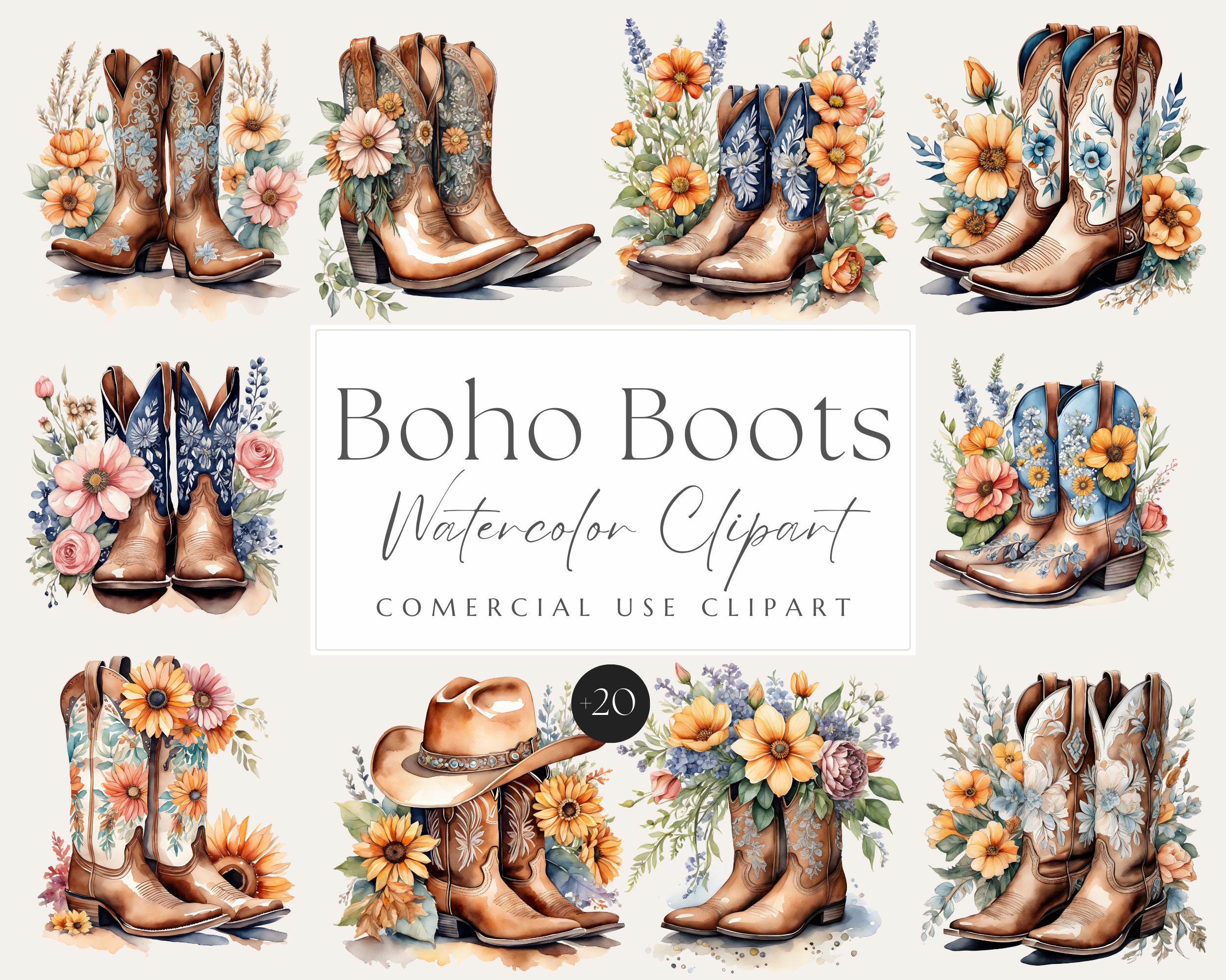 Boho Boots clipart watercolor, Cowboy Boots with Flowers Clipart, Boho Cowgirl Boots, Cowgirl Boot print, Cowgirl Boots Clipart, Boots png