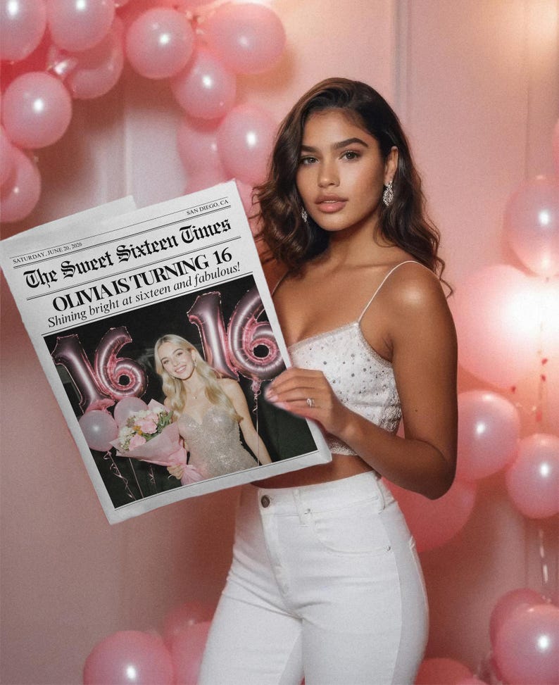 May include: A woman holding a newspaper with the headline "OLIVIA IS TURNING 16" from "The Sweet Sixteen Times." The newspaper features a photo of a young woman with pink balloons and the number "16." The background includes pink balloons.