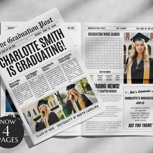 K&ouml;nnte beinhalten: Eine Abschlussank&uuml;ndigungszeitung mit der Schlagzeile "CHARLOTTE SMITH IS GRADUATING!" vom "FREITAG, 19. JUNI 2025". Die Zeitung enth&auml;lt Fotos einer Absolventin in Talar und Hut, ein Wortsuchr&auml;tsel und Details zur Abschlussfeier.
