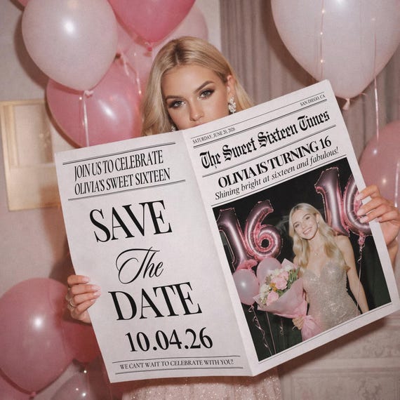 Sweet Sixteen Newspaper Save the Date Template (Canva Editable), Invitation for Sixteen Photoshoot, 01