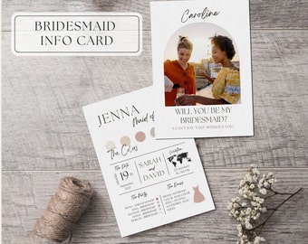Bridesmaid Info Card Template, Bridal Party Info Card, Bridesmaid Information Card, Maid of Honor Card,Minimalist Bridesmaid Bridal Proposal