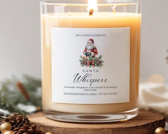 Vintage Christmas Candle Label Template, Watercolor Customizable Design (Digital Download) Santa, tree, Lantern