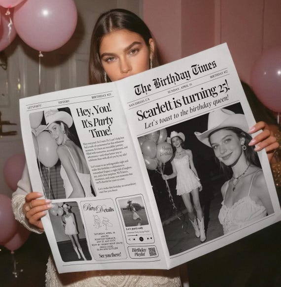 Birthday Newspaper Template: Customizable Canva Invitation (Digital Download)