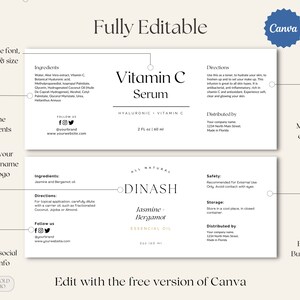 May include: Editable template for a product label with a white background and black text. The label is for a Vitamin C Serum with Hyaluronic Acid. The label also includes a section for ingredients, directions, and distribution information. The label is fully editable and can be customized with your own brand name, logo, and social media information.