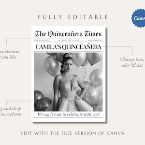 May include: Black and white newspaper-style invitation for a quincea&ntilde;era, featuring a photo of a young woman in a formal gown and tiara. The headline reads "The Quincea&ntilde;era Times" with the name "Camila's Quincea&ntilde;era". Includes the text "We can't wait to celebrate with you!"