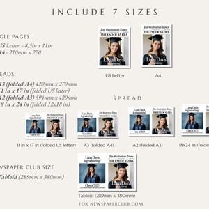 May include: A product image showcasing graduation announcements in various sizes, including US Letter (8.5 x 11 inches) and A4 (210mm x 270mm). The design features a graduate's photo and the text "The Graduation Times" and "Luna Davis is graduating!"