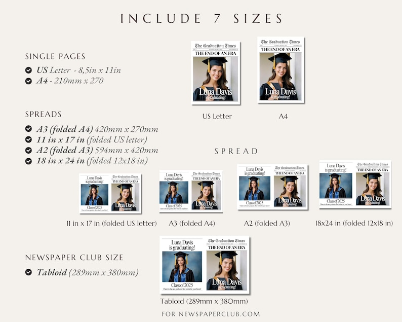 May include: A product image showcasing graduation announcements in various sizes, including US Letter (8.5 x 11 inches) and A4 (210mm x 270mm). The design features a graduate's photo and the text "The Graduation Times" and "Luna Davis is graduating!"