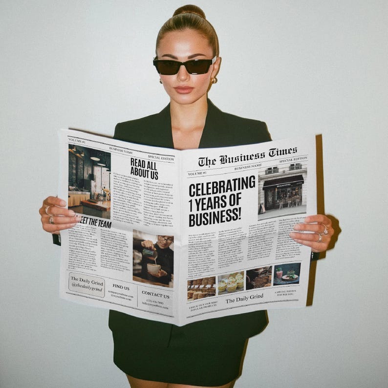 Custom Business Announcement Newspaper Template (Canva), Celebrating years brand, News For Branding Photoshoot, 001 image 1