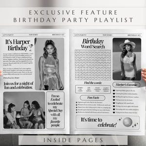 May include: A black and white newspaper-style birthday party invitation. The headline reads "EXCLUSIVE FEATURE BIRTHDAY PARTY PLAYLIST." The inside pages feature photos, word search, and text: "It's Harper Birthday" and "It's time to celebrate!"