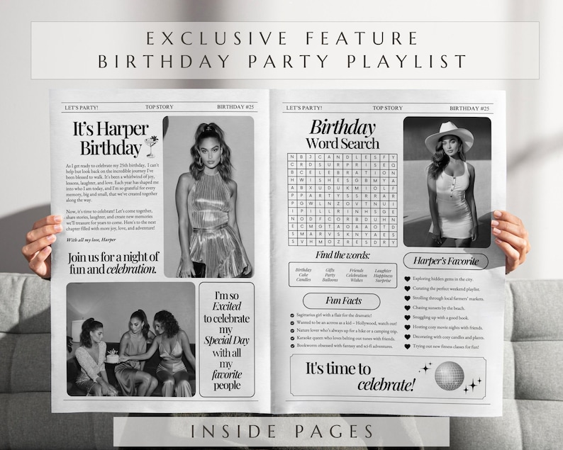 May include: A black and white newspaper-style birthday party invitation. The headline reads "EXCLUSIVE FEATURE BIRTHDAY PARTY PLAYLIST." The inside pages feature photos, word search, and text: "It's Harper Birthday" and "It's time to celebrate!"