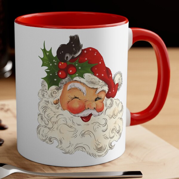 Vintage Santa Mug, Santa Christmas Mug, Santa Mug, Ceramic Coffee Mug, Retro Santa, Holiday Santa Claus Mug, Colored inside, 11oz
