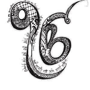 Puede incluir: Una ilustración en blanco y negro de una "K" estilizada con intrincados patrones y remolinos. El texto "You are Everything", "You are my Beloved", "I am a Sacrifice to Your Creative Powers" y "ਸਭ ਕਿਛੁ ਤੂੰਹੈ ਤੂੰਹੈ ਮੇਰੇ ਪਿਆਰ ਤੇਰੀ ਕੁਦਰਤਿ ਕਉ ਲਲਿ ਜਾਈ ਜੀਉ ॥੧" está escrito alrededor de la letra.