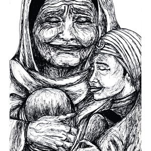 May include: A black and white pen and ink drawing of an older woman with a headscarf holding a younger woman with a headscarf. The older woman is smiling and the younger woman is looking down with a sad expression.