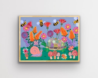 Estampado Mosey with Me, arte floral de primavera, tortuga, abejas, papel o lienzo con impresión giclee, varios tamaños