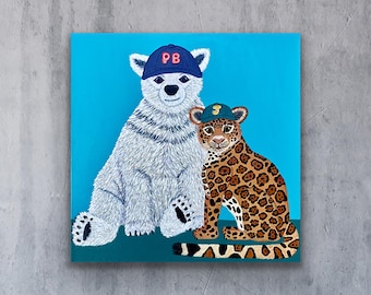 Obra de arte original de PB&J, pintura de oso polar y jaguar
