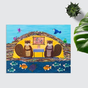 May include: A painting of two beavers sitting at a table with a sign that says "Dam Sweet Home". The beavers are brown and have white teeth. The table is yellow and has a pink tablecloth. The background is a blue sky with clouds and a green forest. There are also some fish and a turtle in the water.