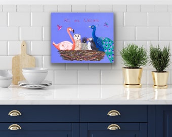 Todos son bienvenidos, pintura de pájaros en un nido, lienzo o papel con impresión giclée, sin marco en varios tamaños