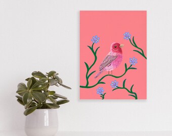 Pink bird with flowers print, giclee print paper or canvas, unframed in various sizes