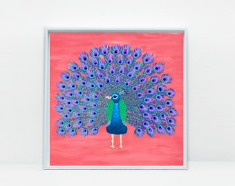 Impresión de pavo real, arte de pájaro colorido, arte de pavo real, papel o lienzo de impresiones giclée, sin enmarcar en varios tamaños