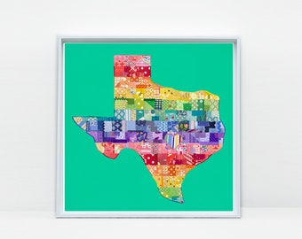 Impresión colorida de Texas, arte del arco iris de Texas, impresión giclée en papel o lienzo, disponible en varios tamaños, sin marco, decoración del hogar de Texas