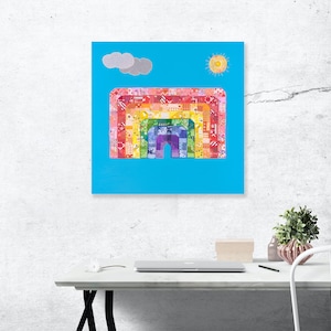 Rainbow original mixed media artwork, rainbow wall decor, abstract rainbow and sun, 20x20 inches