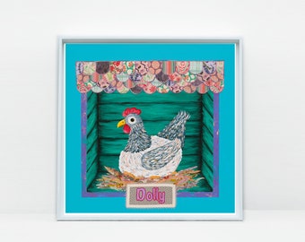 Dolly la gallina arte impresión, pollo giclée impresión sobre lienzo o papel, en varios tamaños, sin enmarcar, decoración del hogar de animales de granja
