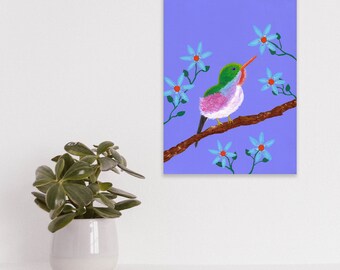 Rainbow bird print, bird with flowers wall art, giclee prints paper or canvas, unframed in various sizes