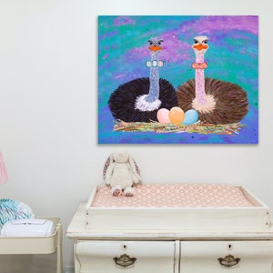 Ostrich family portrait original painting, ostrich sitting on eggs, original mixed media painting, ostrich in nest, 30x24 inches