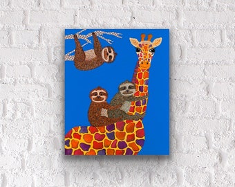 Arte original de paseo gratis, tres perezosos y una jirafa obras de arte de técnica mixta, pintura de animales, 24x20 pulgadas