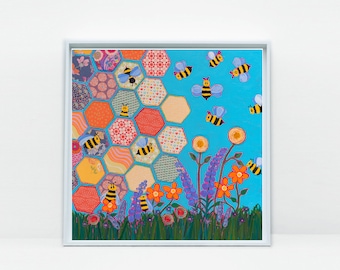 Impresión abstracta de panal y abejas, impresión de bellas artes de abejas y flores, papel giclée o impresión de lienzo, sin enmarcar en varios tamaños
