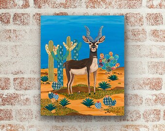 Impresión de arte de antílope Blackbuck, decoración de pared inspirada en la naturaleza, antílope y cactus, papel/lienzo de impresión giclée, varios tamaños, sin marco