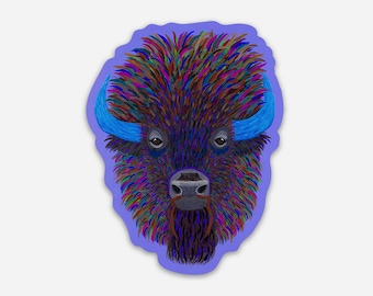 Pegatina de búfalo, cabeza de búfalo caprichosa, calcomanía de búfalo colorida, pegatina de vinilo animal, Roam Free, Michelle Rankin, Maltochello