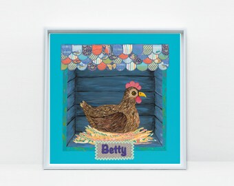 Betty la gallina arte impresión, pollo giclée impresión sobre lienzo o papel, en varios tamaños, sin marco, decoración del hogar de animales de granja