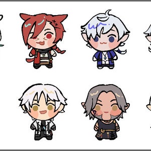 May include: A collection of chibi-style character illustrations. The characters have various hair colors and outfits, with a few featuring animal-like ears. The color palette includes white, red, blue, and black. There is also a small, orange, stylized emblem.