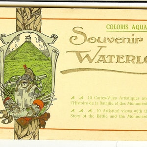 Pasta de cartão postal vintage: Souvenir de Waterloo, Coloris Aquarelle. Não utilizado. 10 Cartes-Vues Artistiques
