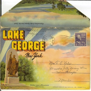 Vintage Souvenir Postcard Folder, Lake George, New York, Curt Teich, 1941.