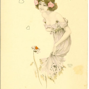 carte postale vintage d’une jeune femme à fleurs de l’artiste autrichien Raphael Kirchner. Raphael Tuck. vers 1901