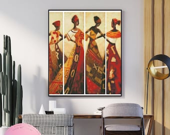 May include: A painting of four women in colorful dresses with geometric patterns. The women are standing in a line and holding hands. The background is a light brown color.