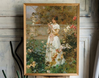 Pode incluir: Uma pintura emoldurada de uma mulher com um vestido branco em pé em um jardim de rosas. A mulher está segurando uma única rosa em sua mão e olhando para ela. O jardim é exuberante e verde, com muitas rosas em flor.