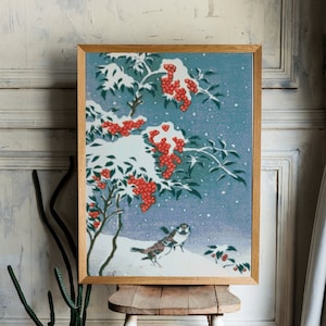 Moineaux dans la neige, motif point de croix, Noël X Stitch, Ohara Koson, branches de baies enneigées, Art japonais, paysage d&#39;hiver, oiseau