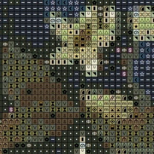May include: A cross-stitch pattern with a variety of symbols, including stars, anchors, and arrows. The pattern is in shades of green, brown, and black.