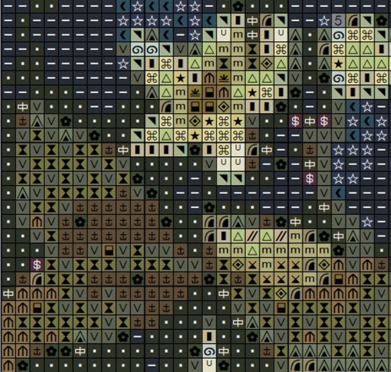 May include: A cross-stitch pattern with a variety of symbols, including stars, anchors, and arrows. The pattern is in shades of green, brown, and black.