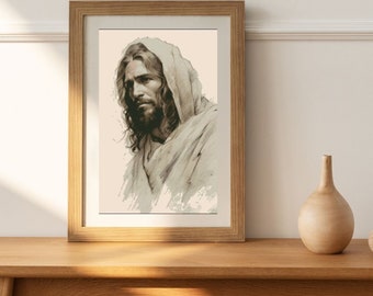 May include: A framed black and white drawing of Jesus Christ. The drawing is in a simple style and shows Jesus's face and shoulders. He is wearing a robe and has long hair and a beard.